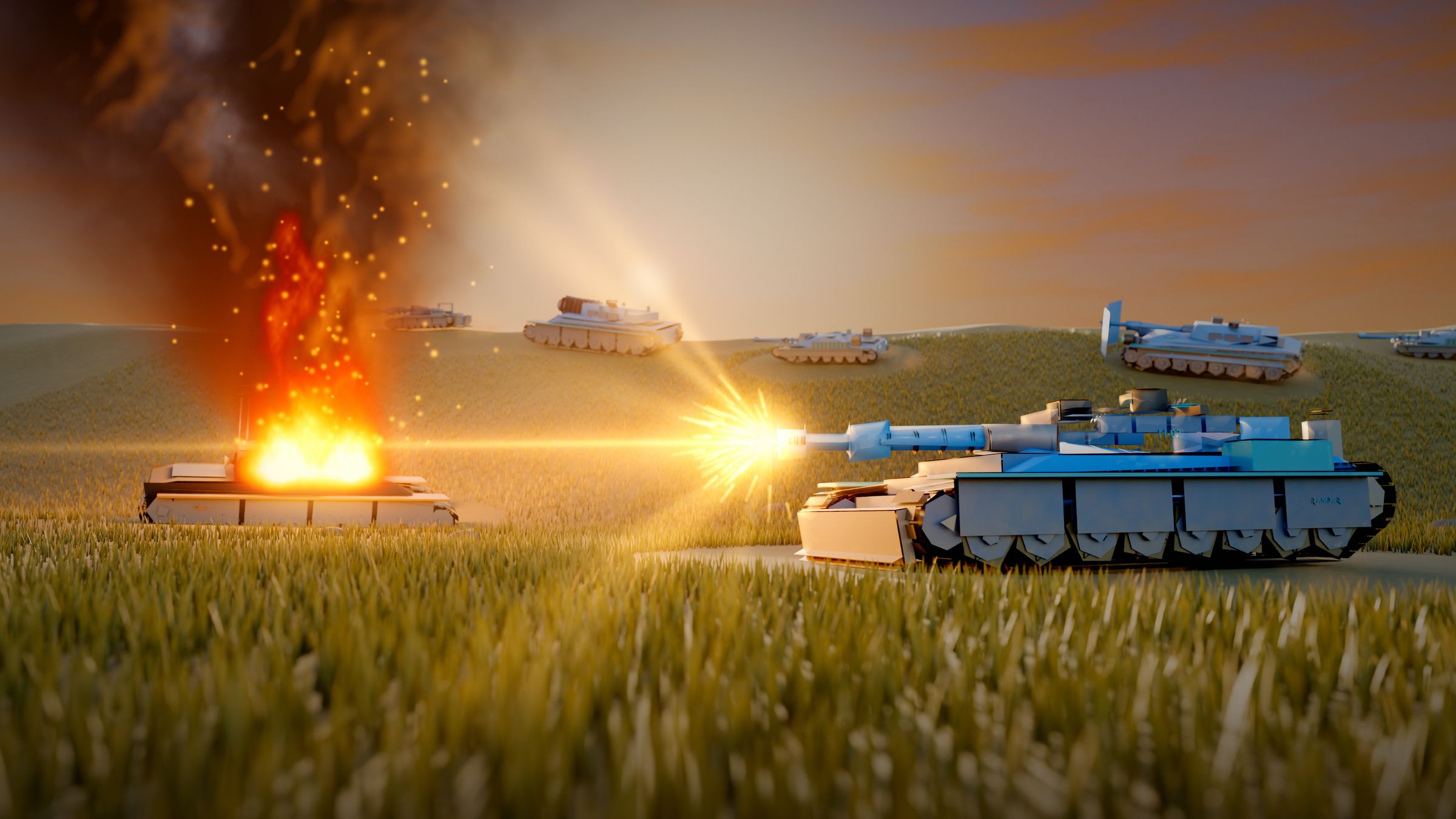 A blue Karst heavy tank fires across a grass field at dusk; an enemy tank burns beside it.