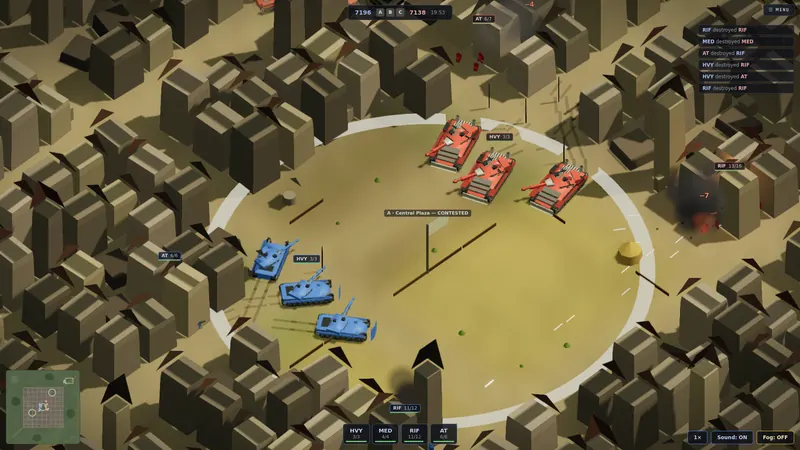 Platoon duel in a town plaza