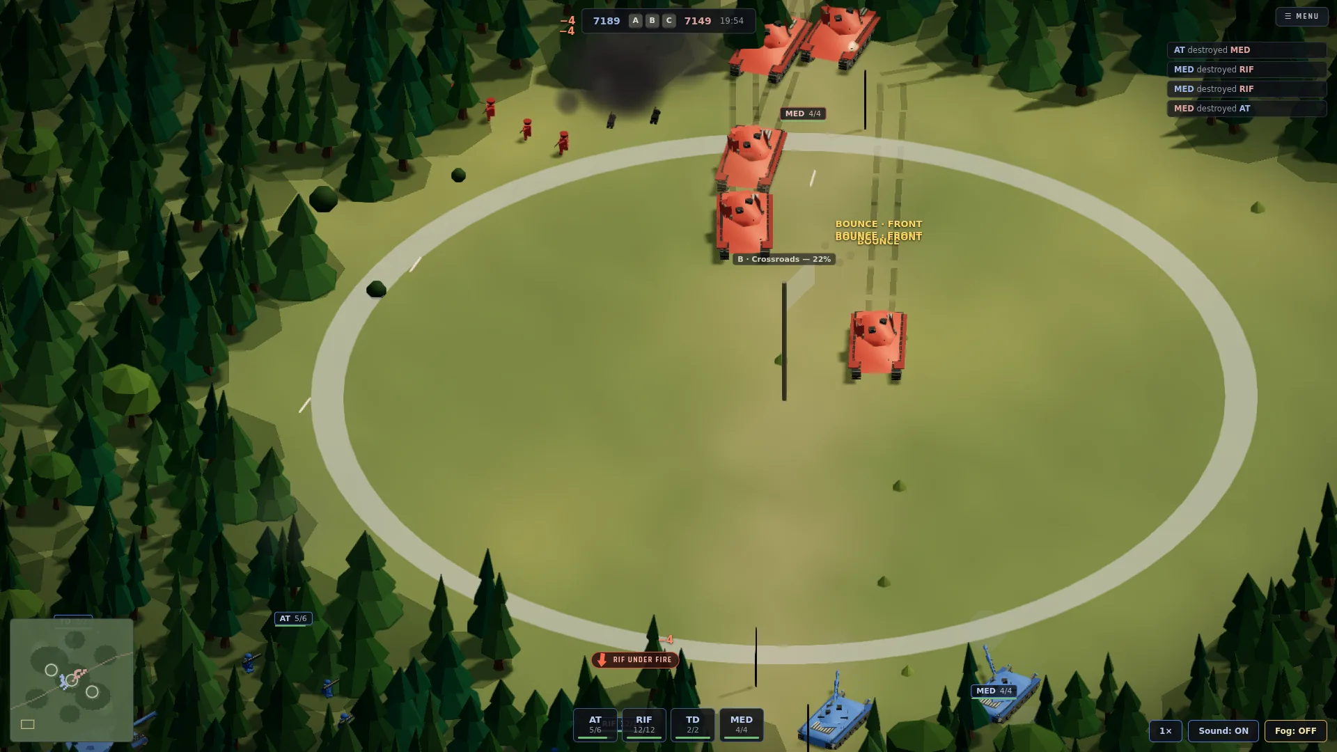 A red Compact column crosses a forest clearing while hidden Karst units wait in the treeline.