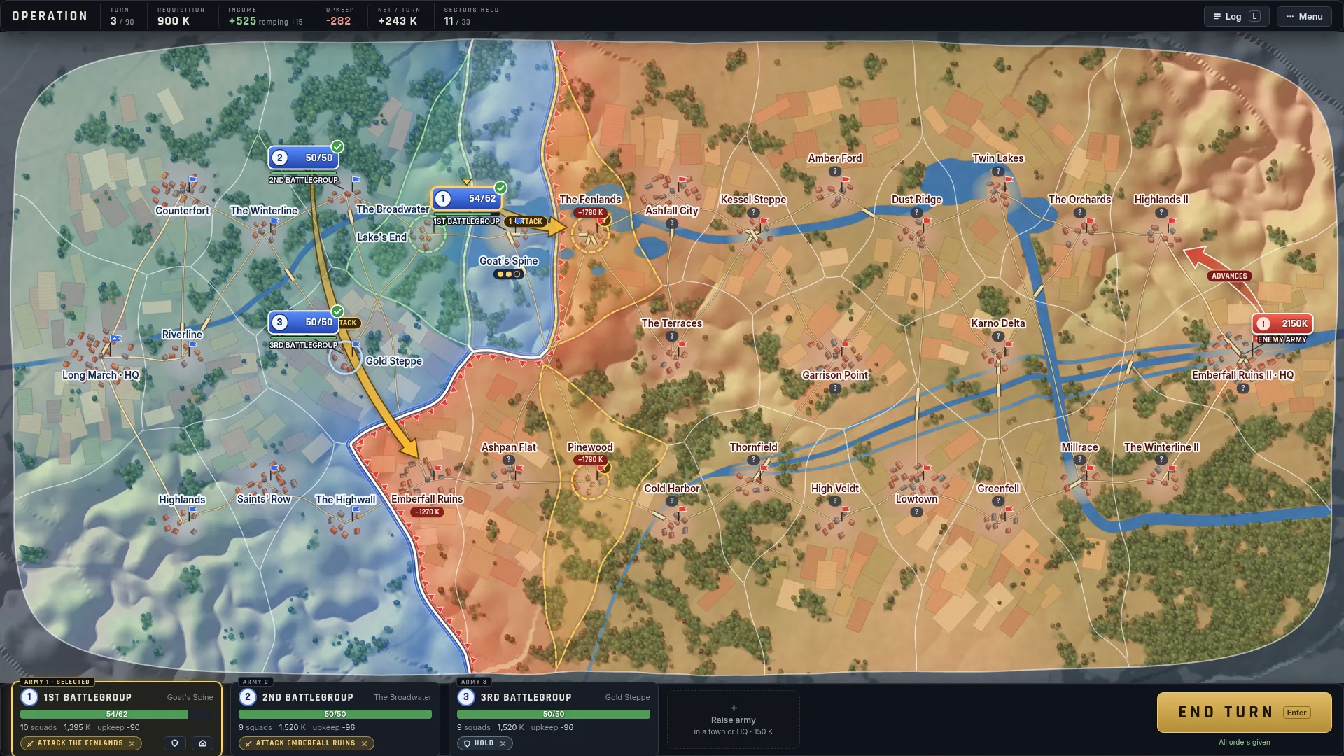 The Operation front map: blue Karst sectors on the left, orange enemy territory on the right, with three battlegroups and attack arrows.