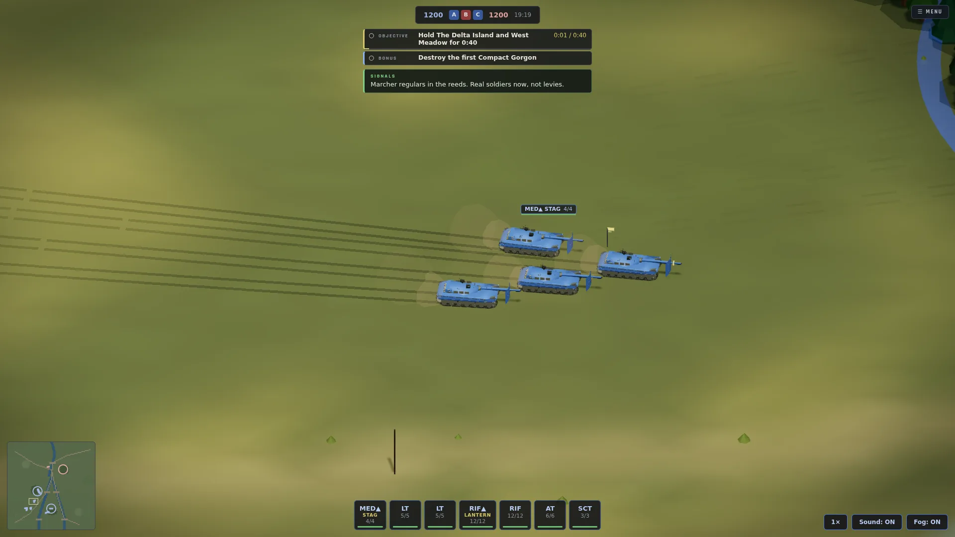 A campaign mission with the objective tracker and a radio message from the Marshal at the top of the screen.