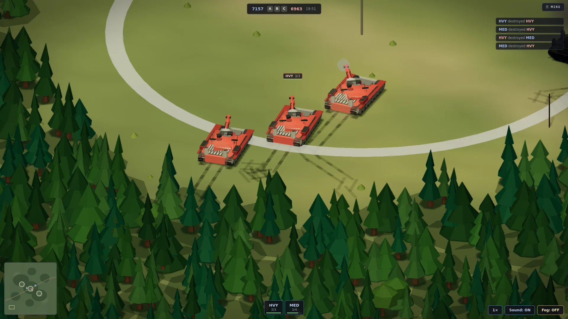 A Karst medium platoon catches three red Compact heavy tanks side-on at the edge of a pine forest.